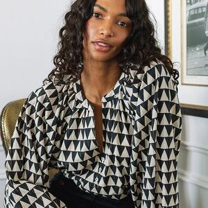 Cleobella Metallic Geometric Puff Sleeve Blouse XS Cream Black Gold